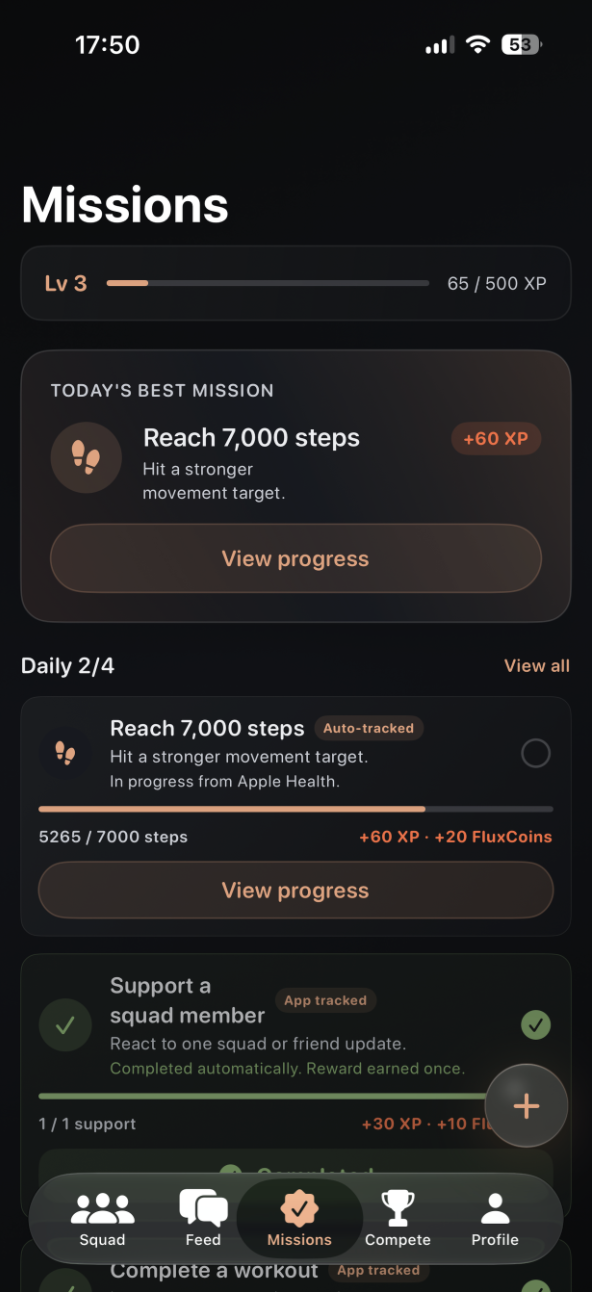 Flux beta Missions screen showing daily goals and rewards